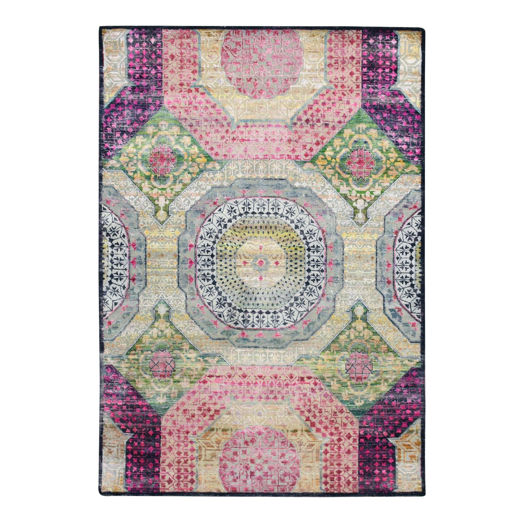 Hot Pink with Yellow, Colorful Mamluk Design, Sari Silk with Textured Wool, Hand Knotted, Oriental Rug
